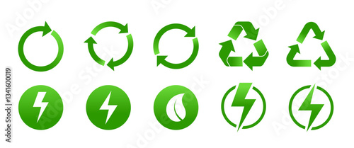 Recycling vector Icon set design, Green Gradient ECO symbol, Environmental, Pollustion, Clean Energy Clip art and illustration, for App and Web, Banner and Social media ads (Editable)