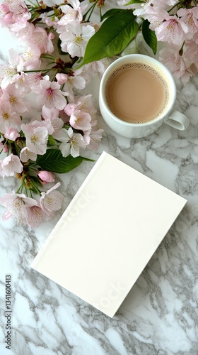 Morning relaxation with a cup of tea near blooming cherry blossoms on marble table during springtime