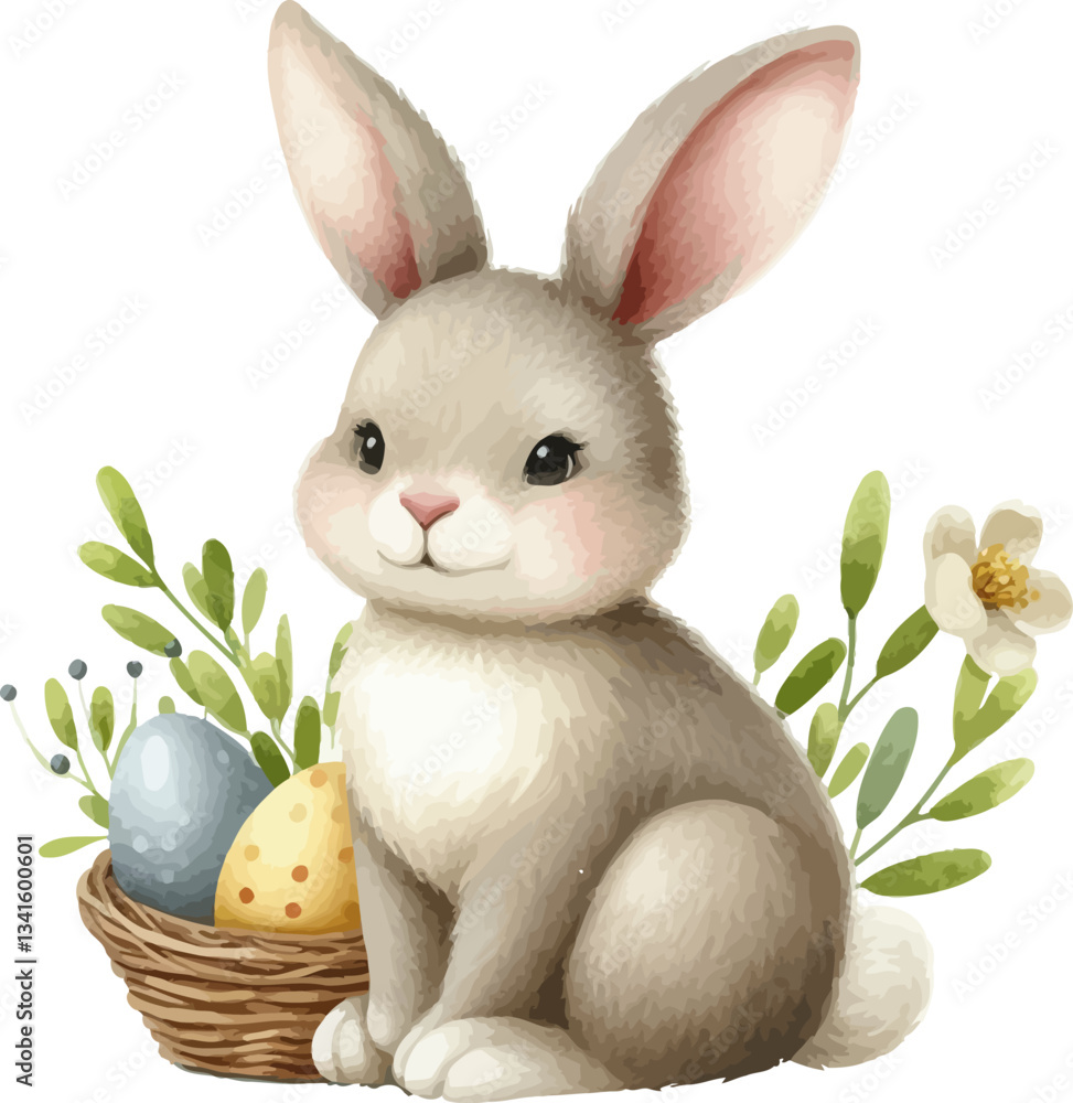 Obraz premium Easter bunny character . Easter egg icon. Watercolor rabbit and a painted eggs . Cute Easter rabbit .Vector bunny icons. Egg shape with a rabbit. Happy Easter.
