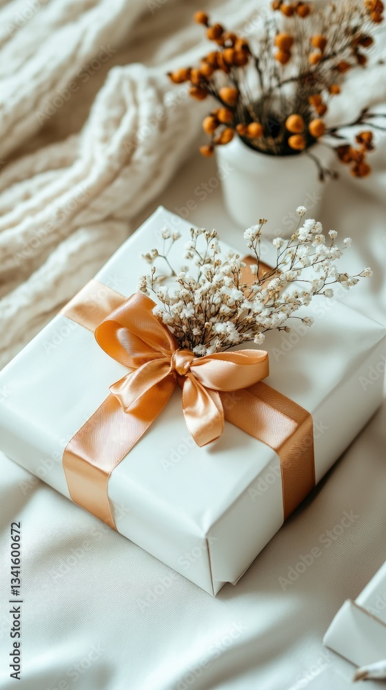 Elegant gift wrapped with a bow and decorated with dried flowers on a soft fabric background in a cozy indoor setting Elegant gift wrapped with a bow and decorated with dried flowers on a soft fabric background in a cozy indoor setting