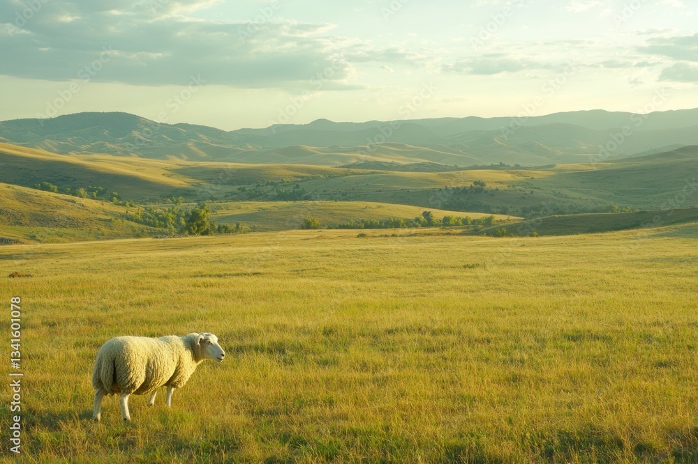 Fototapeta premium Sheep Grazing in an Expansive Green Meadow Under a Beautiful Sky with Rolling Hills in Background