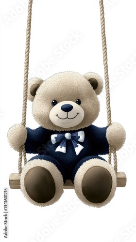 Cute teddy bear on a swing under bright lighting, evoking a sense of nostalgia and childhood joy, ideal for decor or gifts for young ones and celebrations