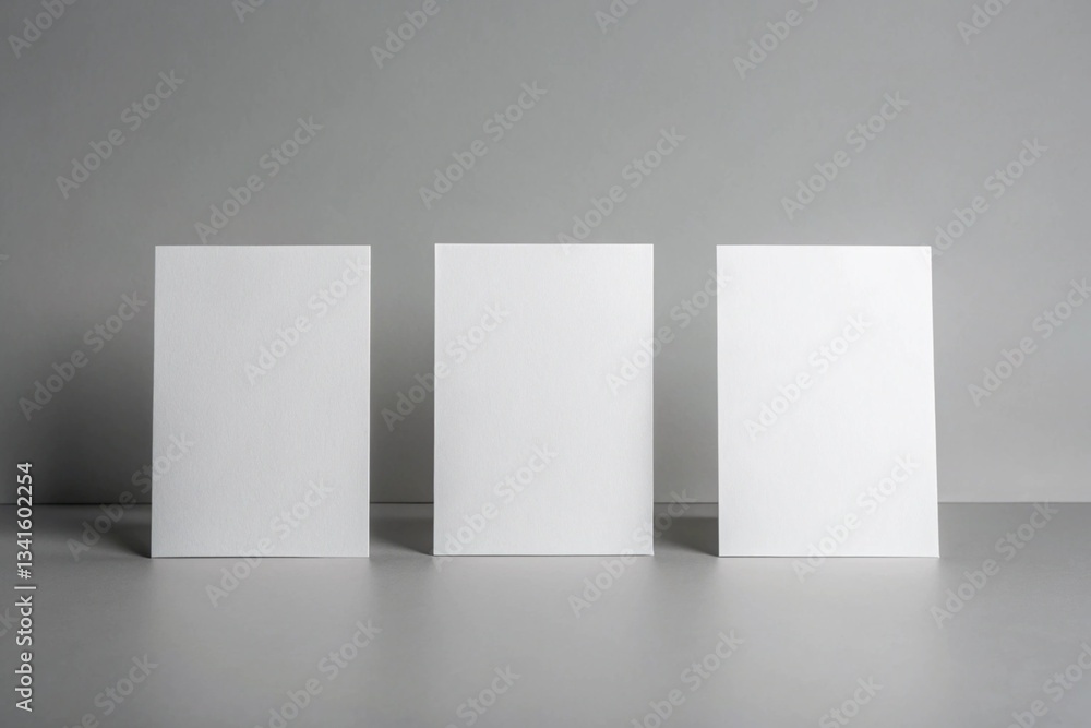 Fototapeta premium Three Blank White Cards Standing on Gray Surface Minimalist Mockup for Design Presentation