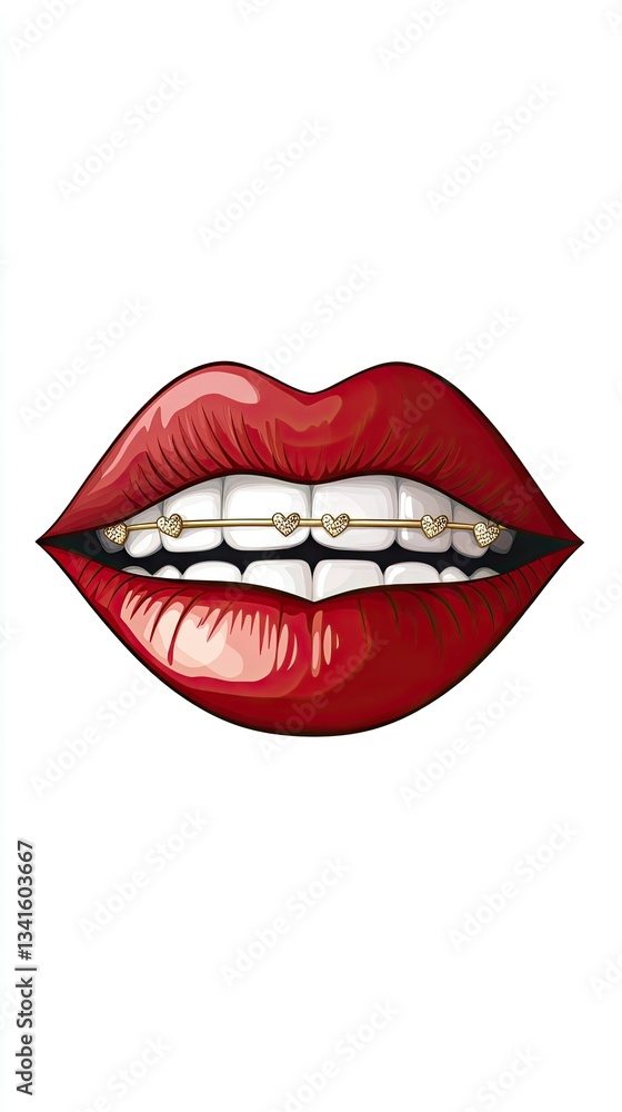 Obraz premium Bright red lips with heart-shaped braces on display in a playful and bold design emphasizing modern beauty trends and confidence