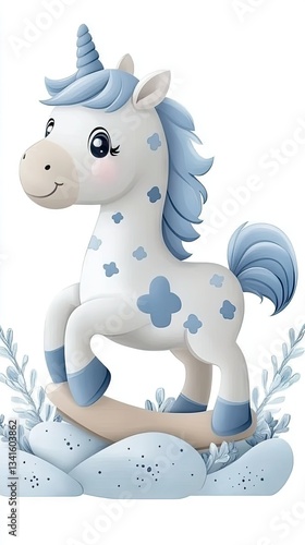 Cute blue and white unicorn toy with a friendly expression standing on a rocking base among decorative rocks and foliage
