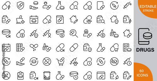 Drugs, Medical, Clinics icon pack | Detailed Outline | Editable Stoke 60 icon | Victor illustrator.