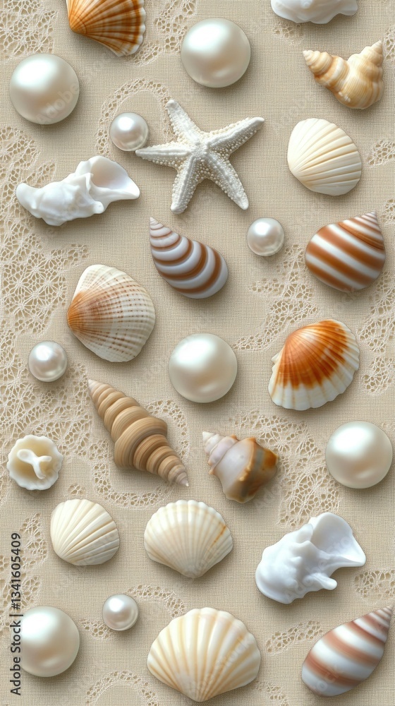 Natural seashells and pearls arranged on delicate lace background creating an elegant and serene coastal decor Natural seashells and pearls arranged on delicate lace background creating an elegant and serene coastal decor
