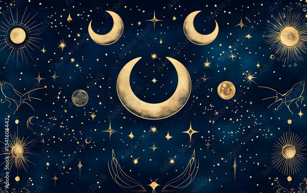 Magical celestial pattern of moons, constellations, and mystic symbols in gold on a deep navy background