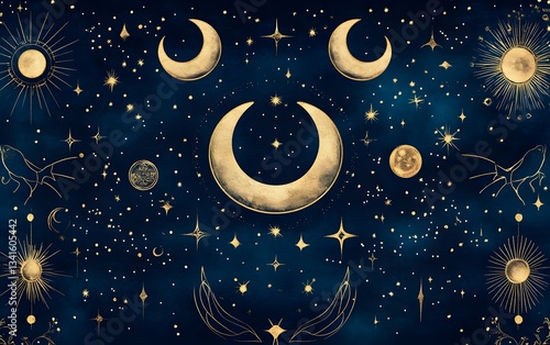 Obraz na płótnie Magical celestial pattern of moons, constellations, and mystic symbols in gold on a deep navy background w salonie