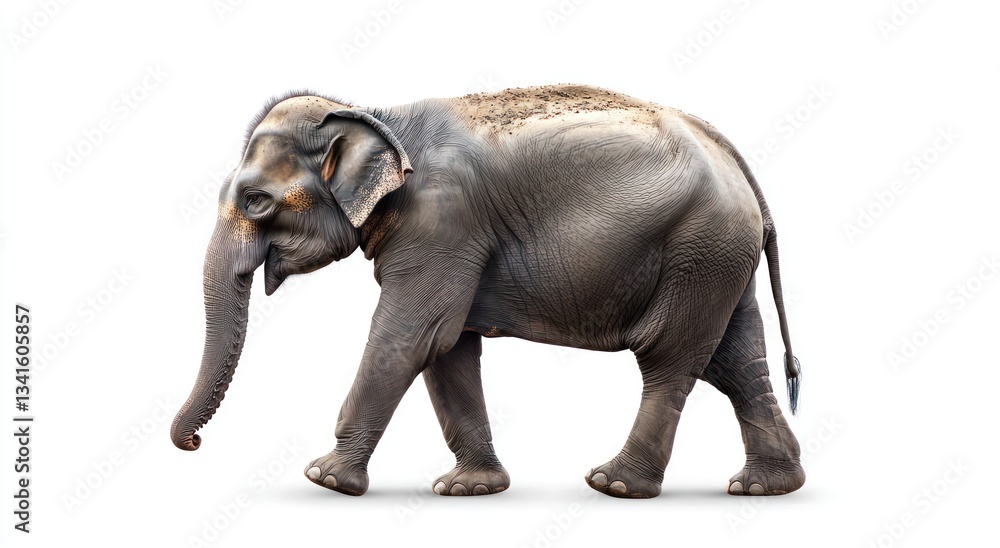 Obraz premium Adult elephant walking gracefully against a clean white background, showcasing its majestic size and texture