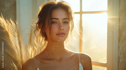 A young woman stands gracefully by a bright window, golden sunlight highlights her features while she gazes softly. The warm light creates a serene atmosphere with natural elements in the backdrop.