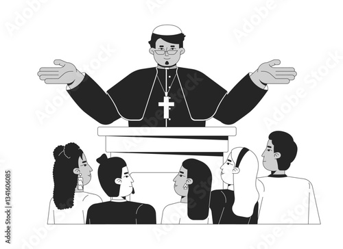 Theocracy and religious governance line illustration concept. Church power. Clergyman podium. Cardinal priest political sermon outline 2D characters isolated. Ink linear drawing vector art