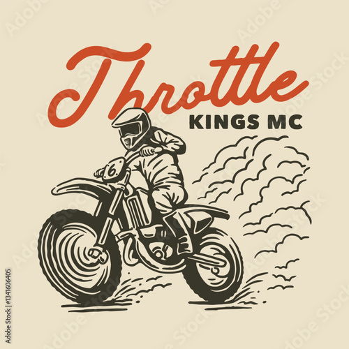 A retro-style illustration featuring a motocross rider aggressively maneuvering a dirt bike, kicking up dust in a dynamic racing scene. Designed in vintage racing poster style.