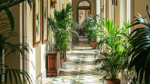 Fototapeta Naklejka Na Ścianę i Meble -  A hallway with a botanical theme, featuring plant decor