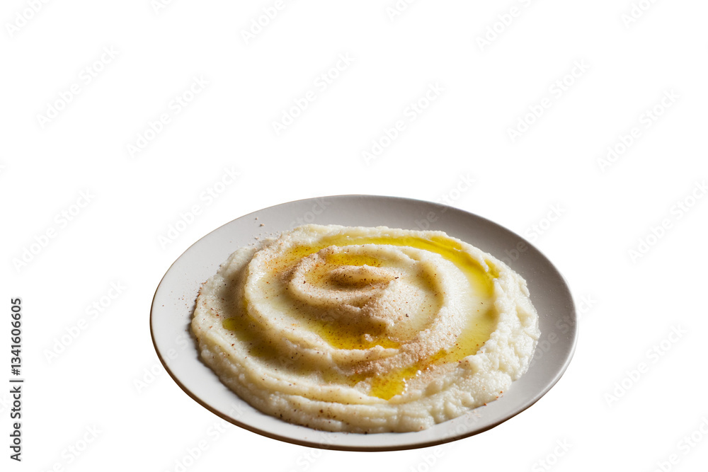 Mashed cauliflower on a white plate, trasparent background Mashed cauliflower on a white plate, trasparent background