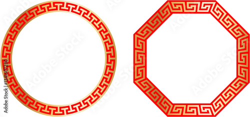 Circular and Octagonal Greek Key Border Frame in Red and Gold, Vector illustration of circular and octagonal frames with a red and gold Greek key pattern, ideal for decorative designs