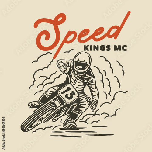 A dynamic vintage illustration of a motorcycle racer in a fast-paced drift, kicking up dust on a racing track. A retro-inspired speed and adrenaline concept.
