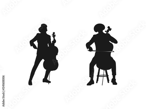 Man on the street playing contra-bass vector silhouette. Music man with contrabass standing on the concert event. Musician with string instrument on stage. Vector isolated on a white background.