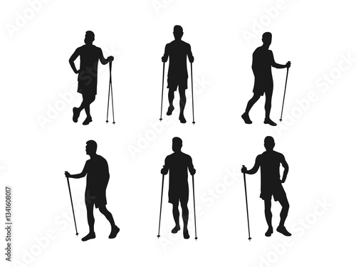Man walking with two sticks side view vector silhouette. Vector silhouette of a man who walks with Nordic walking. Vector silhouette of people with Nordic walking. Vector on a white background.