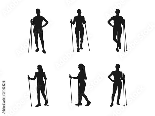 woman walking with two sticks side view vector silhouette. Vector silhouette of a woman who walks with Nordic walking. Vector silhouette of people with Nordic walking. Vector on a white background.