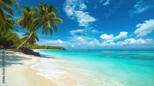 Idyllic tropical beach paradise with turquoise sea and palm trees in summer