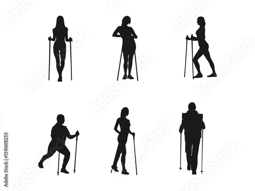 woman walking with two sticks side view vector silhouette. Vector silhouette of a woman who walks with Nordic walking. Vector silhouette of people with Nordic walking. Vector on a white background.