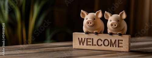Welcome sign with two cute pig figurines on a wooden table, enhancing a cozy home atmosphere during the afternoon