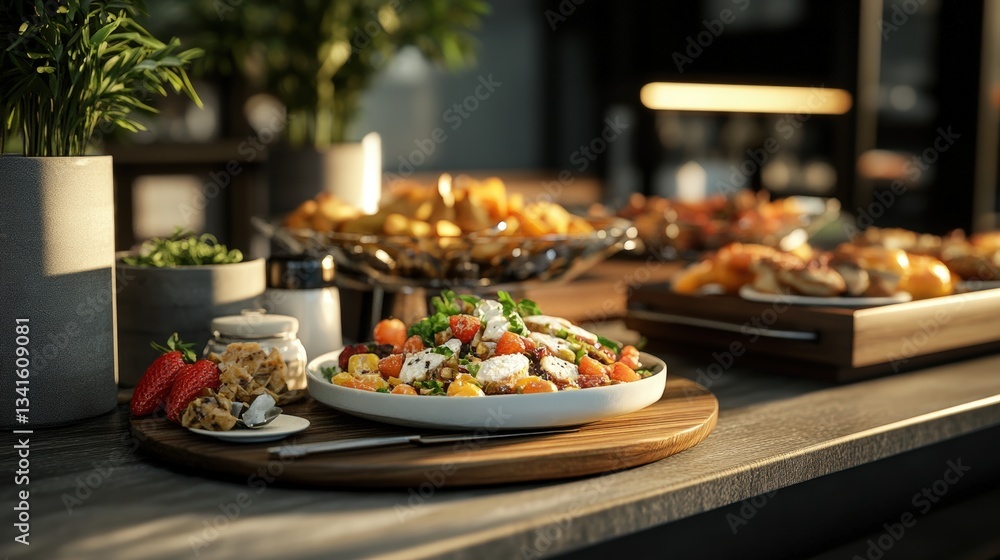 Fototapeta premium A Colorful Buffet Table Featu A Vibrant Salad Surrounded By An Array Of Delicious Dishes Including Pastries, Fruits And Various Cheeses Displayed Beautifully