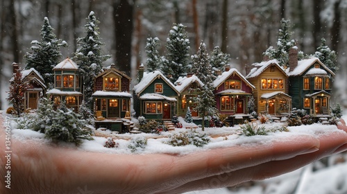 Tiny Colorful Homes Displayed in a Hand Amidst Snowy Forest Background