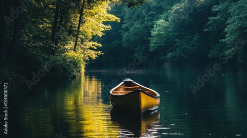 Solitary canoe drifting on tranquil river surrounded by lush forest scenery