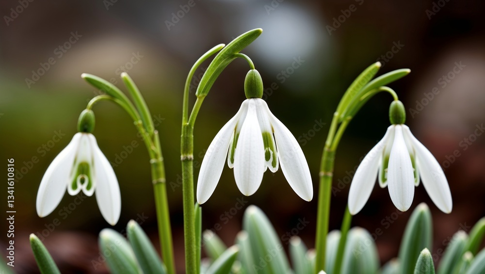 Obraz premium Charming snowdrop flowers poking through lush green foliage outdoors.