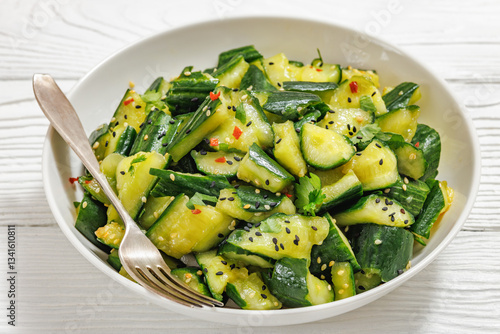 Japanese smashed cucumber salad in a white bowl