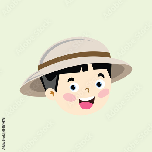 cute boy wearing safari hat on green background. Illustration of a child who loves adventure wearing adventurer attributes. Design element illustration children