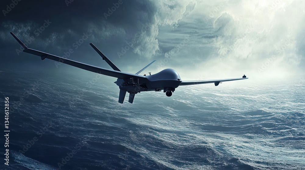 Advanced surveillance: A navy drone patrols the stormy ocean waters with advanced imaging technology Advanced surveillance: A navy drone patrols the stormy ocean waters with advanced imaging technology
