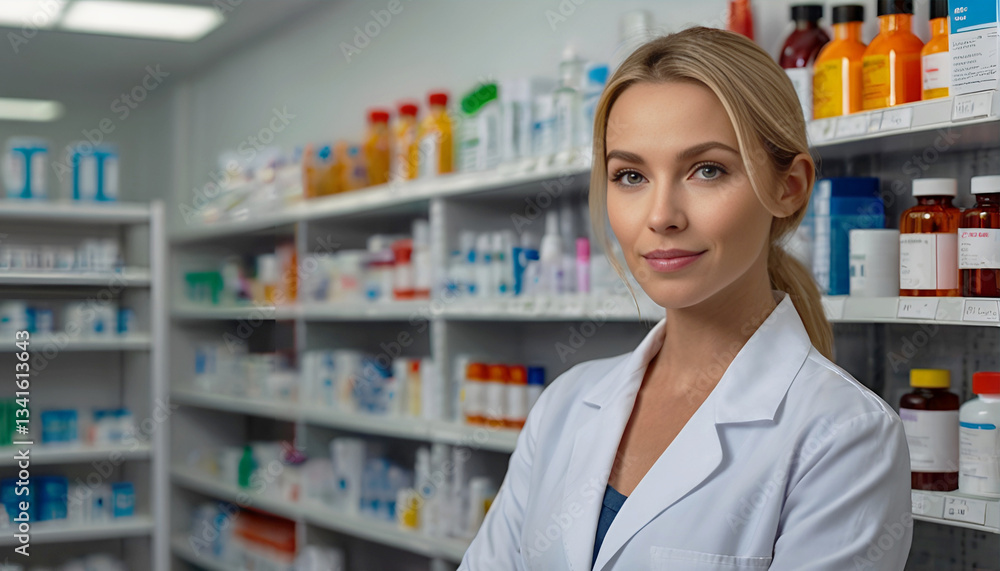 Portrait of Caucasian female pharmacist in white coat against shelves with medicines in drugstore. Close-up. Woman Portrait of Caucasian female pharmacist in white coat against shelves with medicines in drugstore. Close-up. Woman