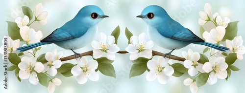 Two vibrant blue birds perched on delicate white flowers against a soft, blurred background of pastel colors