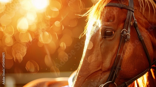 Energetic racehorse and jockey at cheltenham festival with sweat and glistening bridle in sunlight photo