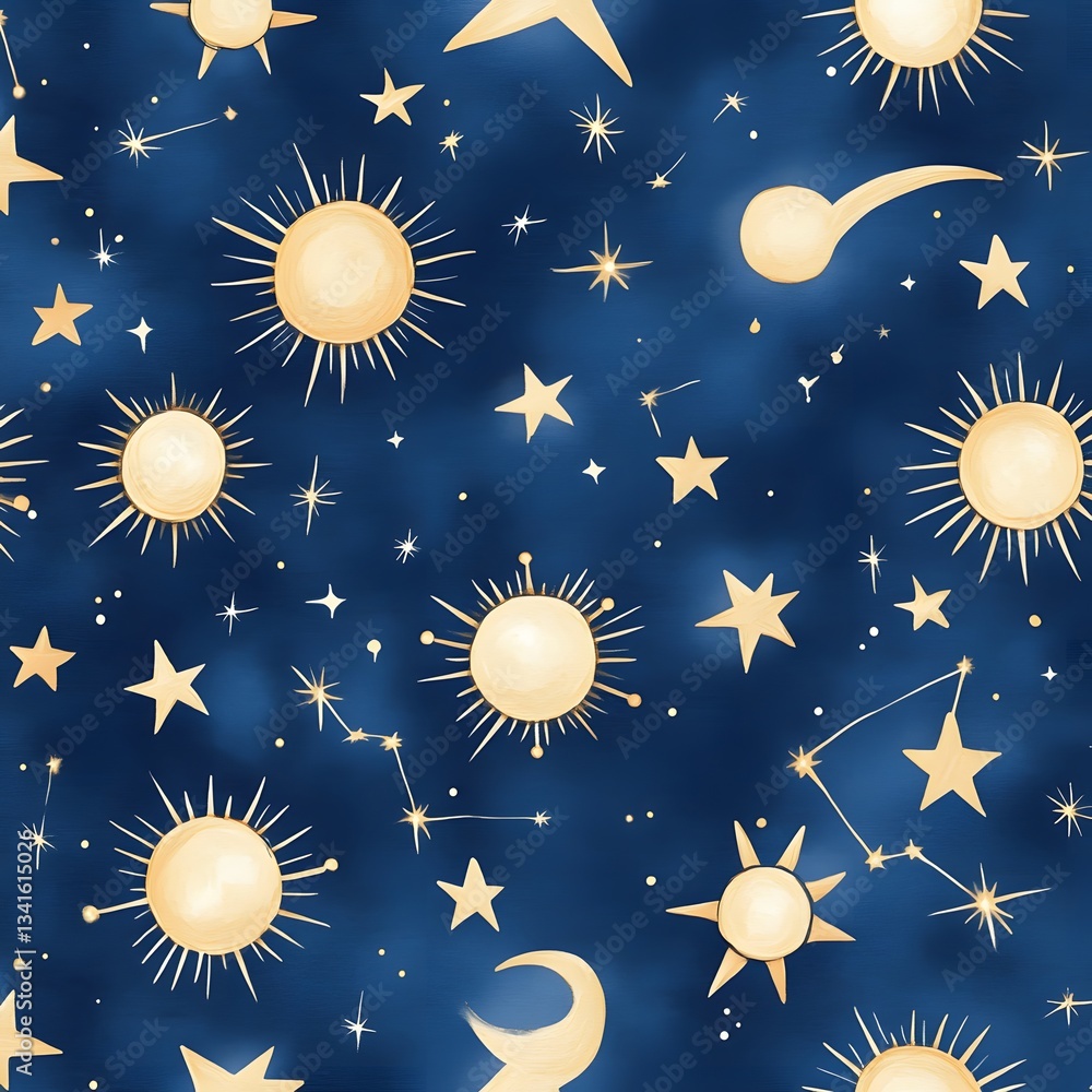 A repeating pattern of celestial constellations glowing softly on a midnight blue background. A repeating pattern of celestial constellations glowing softly on a midnight blue background.