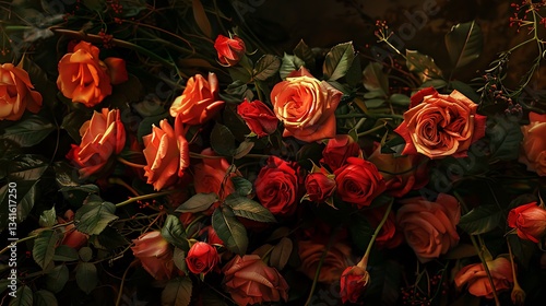 A Beautiful Bouquet of Roses in Various Shades, Capturing the Delicate Beauty and Elegance of Nature's Most Iconic Flower, Radiating Warmth and Color Against a Lush Green Backdrop