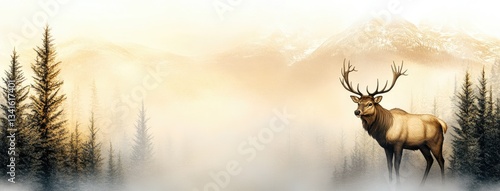 A magnificent stag stands proudly in a mist-covered forest landscape, illuminated by the soft light of sunrise against a stunning mountain backdrop