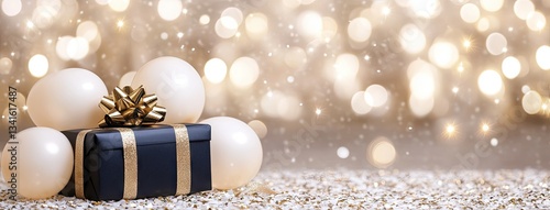 Celebration gift wrapped in blue with golden ribbon and balloons against a sparkling background during a festive occasion