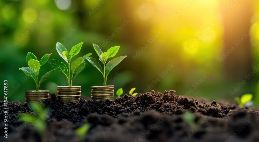Growing seedlings on coins in fertile soil, sunlit nature background Growing seedlings on coins in fertile soil, sunlit nature background