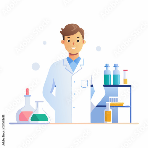 Scientist in white lab coat stands at laboratory bench with equipment. Male researcher with friendly expression surrounded by glassware. Concept: research, medicine, education.
