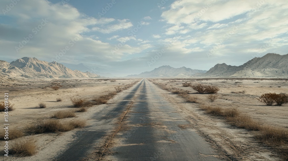 Desolate desert highway receding into the distance with mountains backdrop Desolate desert highway receding into the distance with mountains backdrop