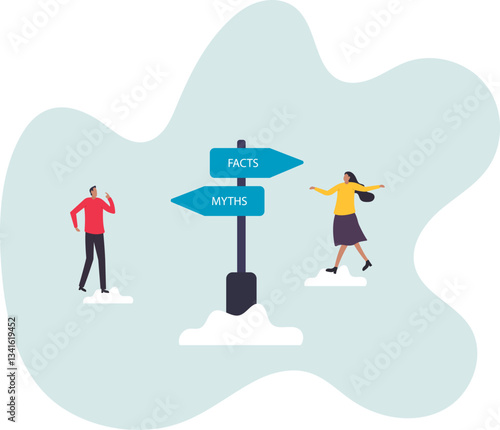 Fact vs Myth, truth or false information to make decision, belief or fiction to choose to believe, trustworthy, fraud or wrong direction.character for design