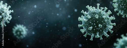 Virus particles floating in a dark background showcasing their intricate structure and detail at microscopic level