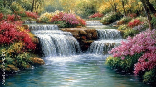 Serene Waterfall Cascading Through Lush Garden