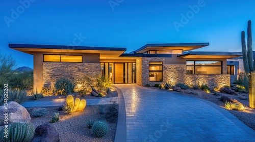 Modern desert home design arizona real estate scenic evening exterior view luxurious lifestyle