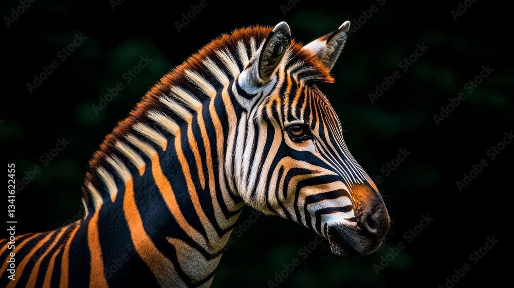 Fototapeta premium Striking Zebra Portrait A Close-Up View of a Zebra s Head and Stripes Against a Black Background
