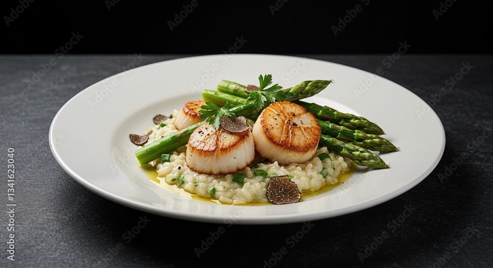 Elegant PanSeared Scallops with Risotto, Asparagus, and Truffle Elegant PanSeared Scallops with Risotto, Asparagus, and Truffle